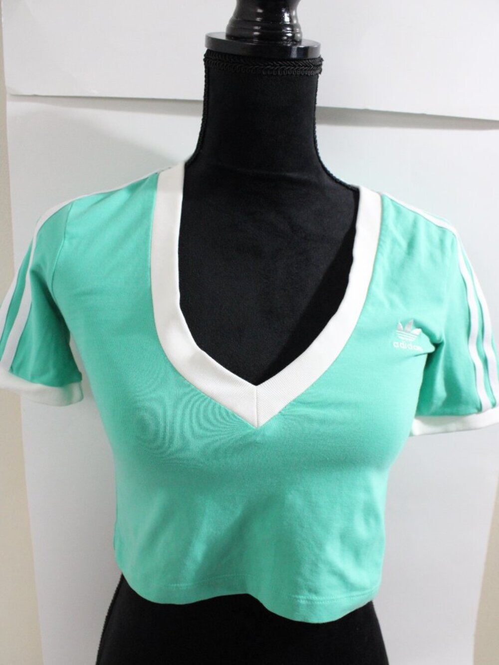 Adidas Green Spandex Half Shirt with White Stripes. Size XS